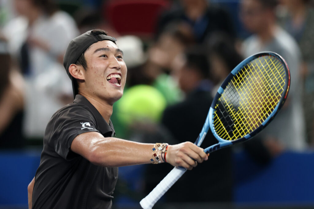 Shang Juncheng of China celebrates after the match against Karen Khachanov in the Men's Singles 2nd round match on day 6 of the 2025 Shanghai Rolex Masters at Qi Zhong Tennis Center on October 04, 2025 in Shanghai, China.