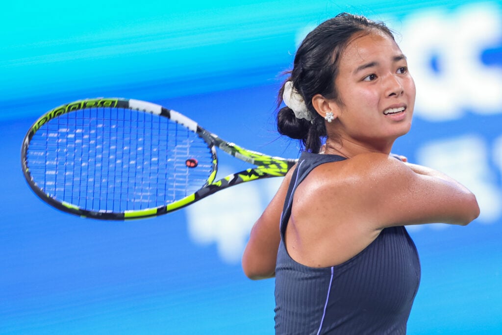 Alexandra Eala of Philippines returns a shot in the Women's Singles Qualifying first round match against Moyuka Uchijima of Japan on day 1 of 2025 Wuhan Open at Optics Valley International Tennis Center on October 4, 2025 in Wuhan, Hubei Province of China.