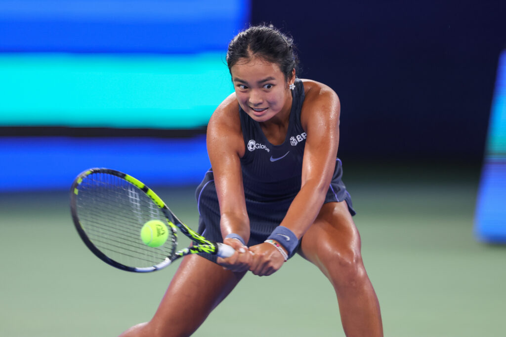Alexandra Eala of Philippines returns a shot in the Women's Singles Qualifying first round match against Moyuka Uchijima of Japan on day 1 of 2025 Wuhan Open at Optics Valley International Tennis Center on October 4, 2025 in Wuhan, Hubei Province of China.