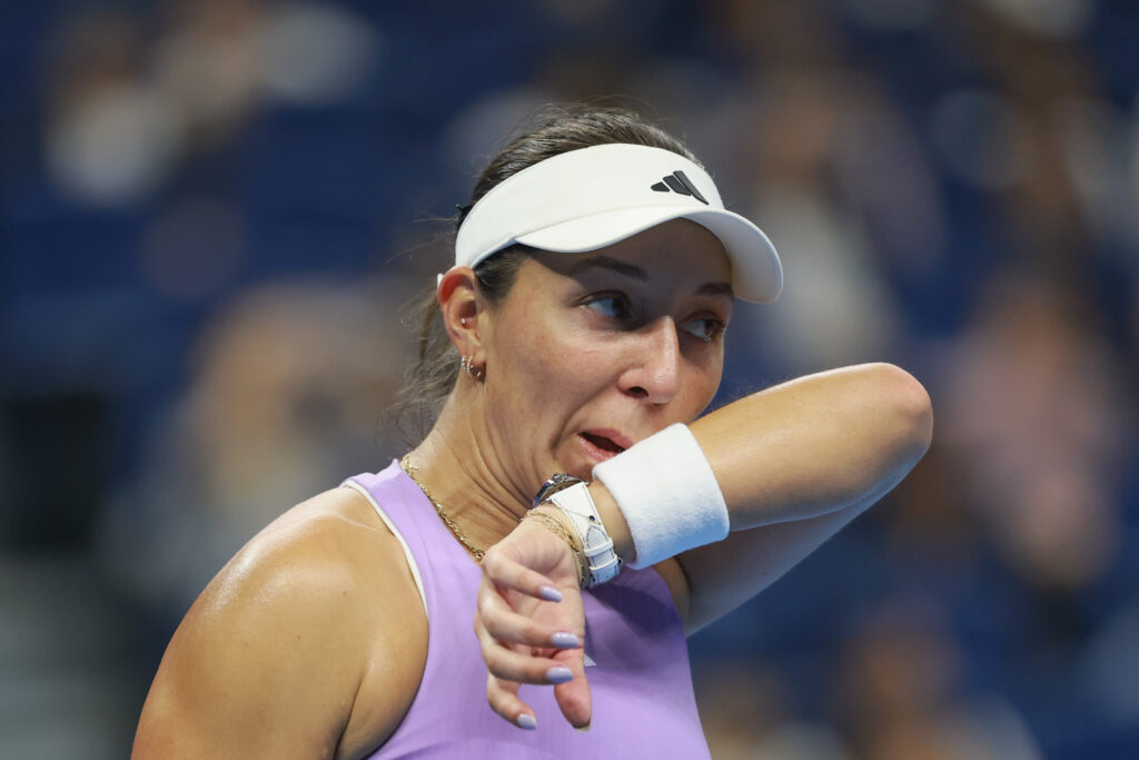 Jessica Pegula of the United States reacts in the Women's Singles Semifinal match against Linda Noskova of Czech Republic on day 13 of the 2025 China Open at the National Tennis Center on October 4, 2025 in Beijing, China.