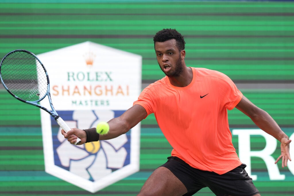 Giovanni Mpetshi Perricard of France compete against Taylor Fritz of the United States in the Men's Singles 3rd round match on day 7 of the 2025 Shanghai Rolex Masters Qi Zhong Tennis Center on October 05, 2025 in Shanghai, China.