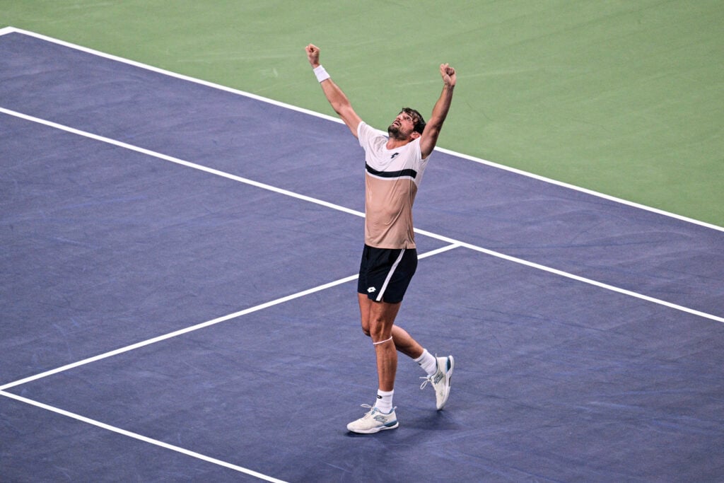 Monaco's Valentin Vacherot celebrates after winning against Netherlands' Tallon Griekspoor during their men's singles match at the Shanghai Masters tennis tournament in Shanghai early on October 8, 2025.