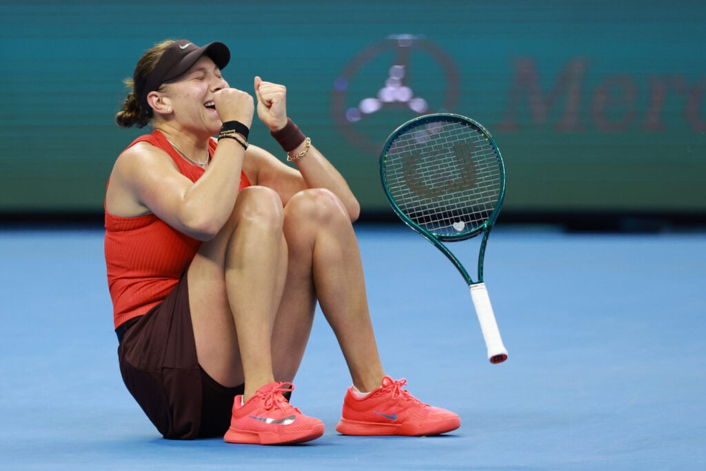 Amanda Anisimova of the United States celebrates after winning the Women's Singles Final match against Linda Noskova of Czech Republic on day 14 of 2025 China Open at National Tennis Center on October 05, 2025 in Beijing, China.