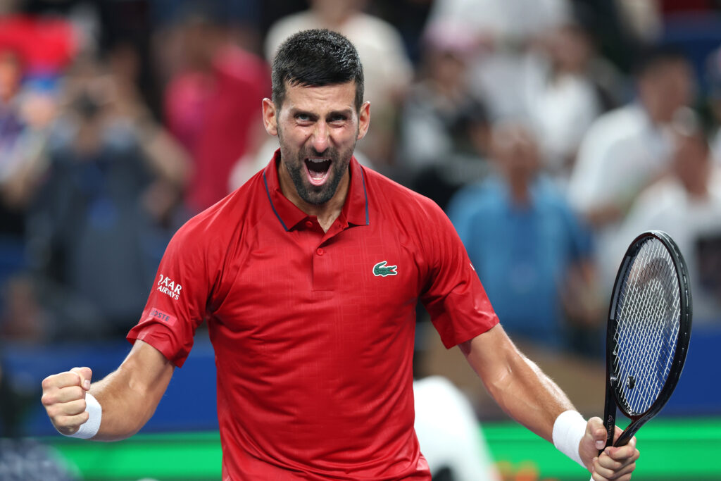 Novak Djokovic of Serbia celebrates after the match against Yannick Hanfmann of Germany in the Men's Singles 3rd round match on day 7 of the 2025 Shanghai Rolex Masters Qi Zhong Tennis Center on October 05, 2025 in Shanghai, China.