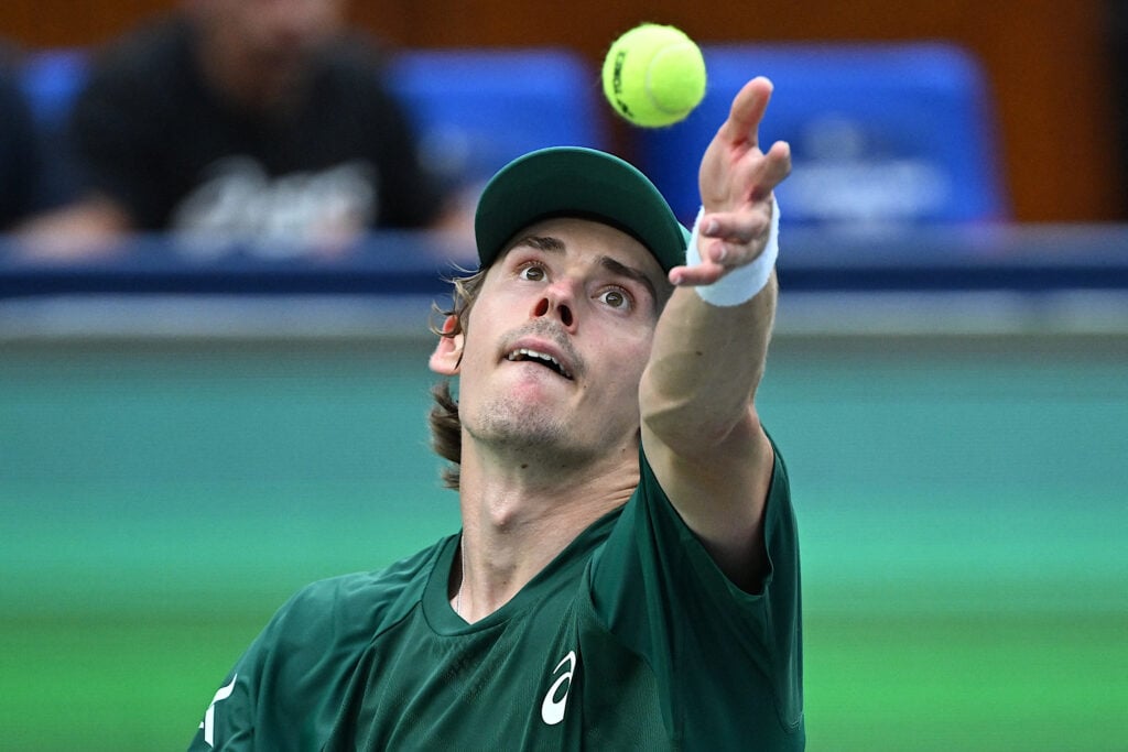 Australia's Alex de Minaur serves against Portugal's Nuno Borges during their men's singles match at the Shanghai Masters tennis tournament in Shanghai on October 8, 2025.