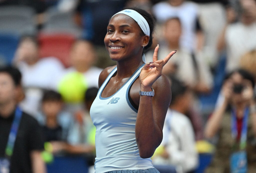 USA's Coco Gauff celebrates after beating Japan's Moyuka Uchijima in their women's singles match at the Wuhan Open tennis tournament in Wuhan, central China's Hubei province on October 8, 2025.