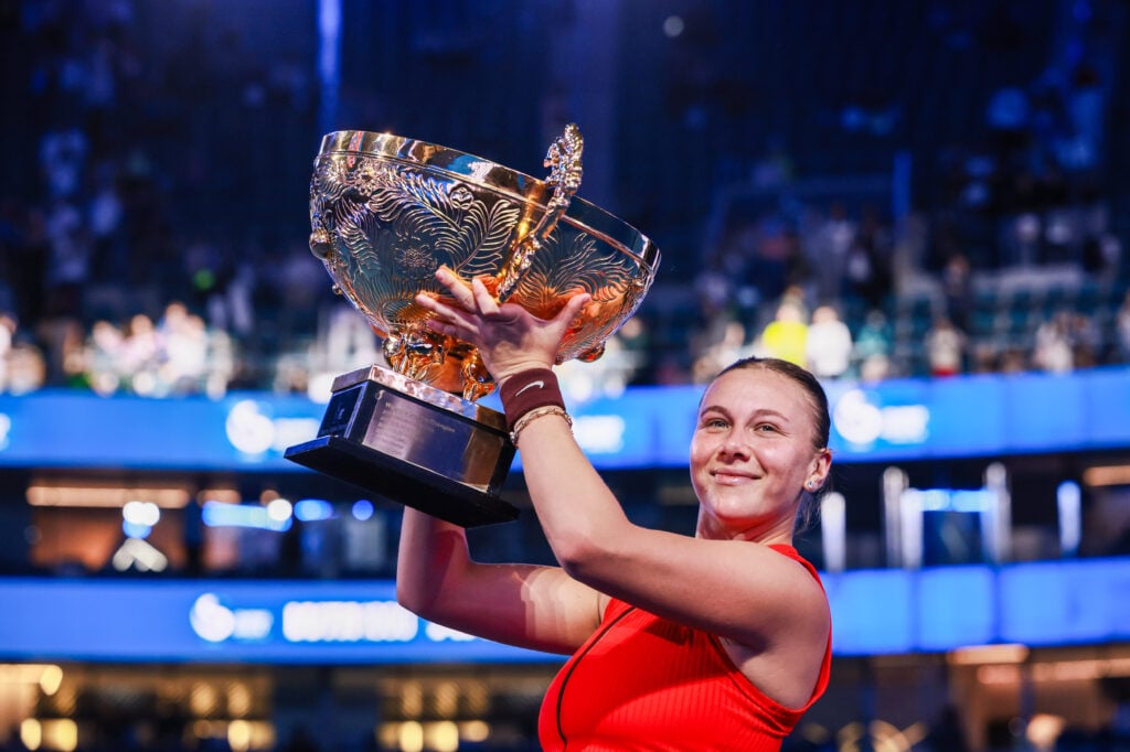Amanda Anisimova of the United States poses with trophy during medal ceremony after winning the Women's Singles Final match against Linda Noskova of Czech Republic on day 14 of the 2025 China Open at the National Tennis Center on October 5, 2025 in Beijing, China.