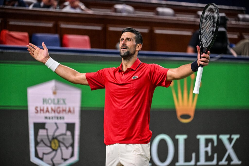 Serbia's Novak Djokovic reacts after a point during his quarter-final men's singles match against Belgium's Zizou Bergs at the Shanghai Masters tennis tournament in Shanghai on October 9, 2025.