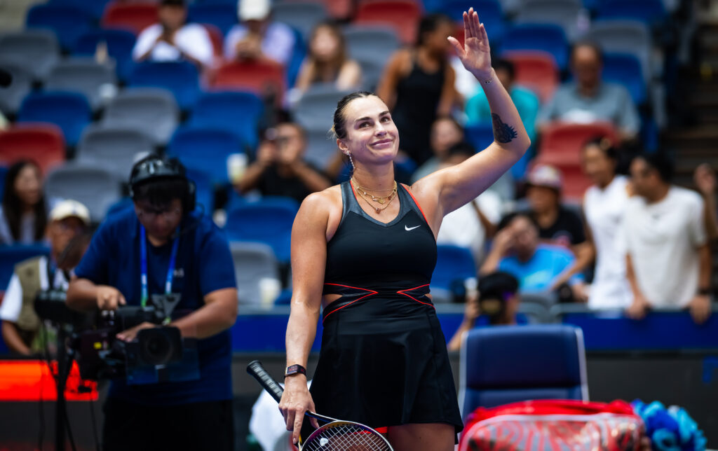 Aryna Sabalenka celebrates defeating Elena Rybakina of Kazakhstan in the quarter-final on Day 7 of the Wuhan Open at Optics Valley International Tennis Center on October 10, 2025 in Wuhan, China.