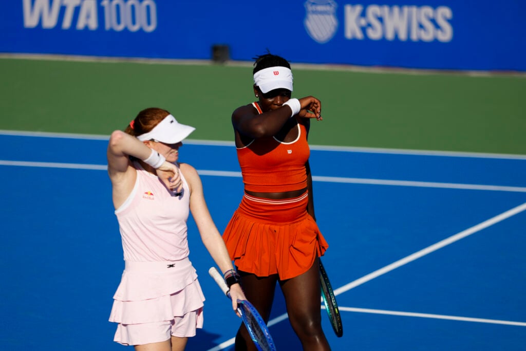 Maya Joint of Australia and Victoria Mboko of Canada react in the Women's Doubles Round of 32 match against Tereza Mihalikova of Slovakia and Olivia Nicholls of Great Britain on day 4 of 2025 Wuhan Open at Optics Valley International Tennis Center on October 7, 2025 in Wuhan, Hubei Province of China.