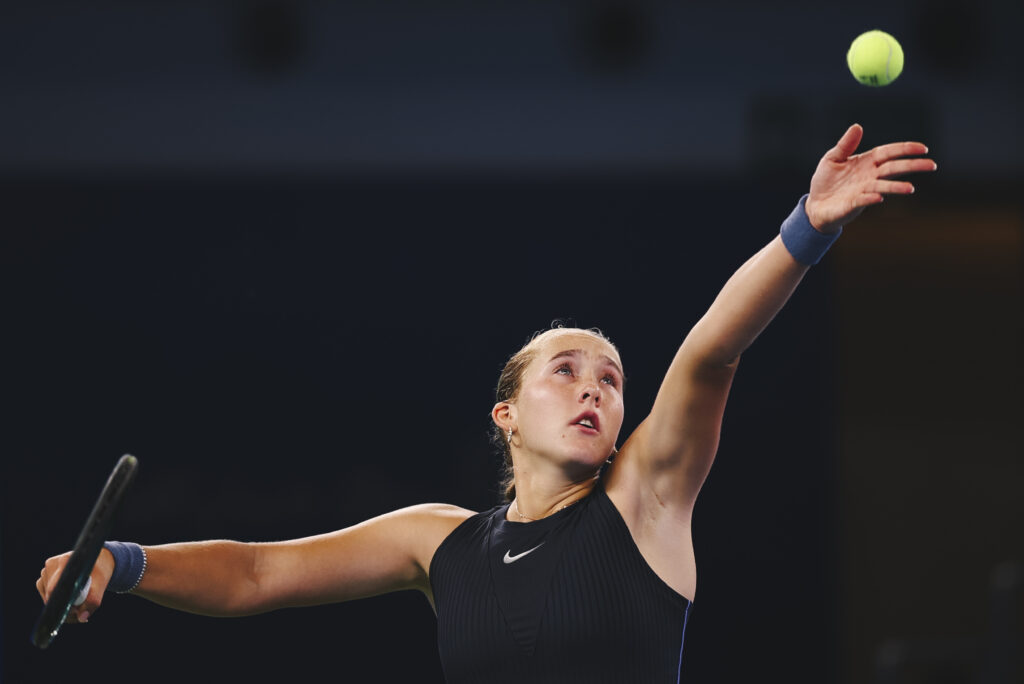 Mirra Andreeva competes in the Women's Singles Round of 32 match against Laura Siegemund of Germany on Day 4 of the Wuhan Open at Optics Valley International Tennis Center on October 7, 2025 in Wuhan, China