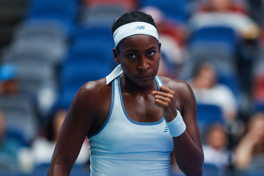 Coco Gauff of the United States reacts against Moyuka Uchijima of Japan in the women's singles round of 32 match during day five of the 2025 Wuhan Open at Optics Valley International Tennis Center on October 8, 2025 in Wuhan, China.