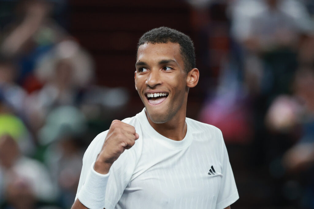 Felix Auger-Aliassime of Canada celebrates after win against Lorenzo Musetti of Italy during the Men's singles round of 16 match on Day 10 of 2025 Shanghai Rolex Masters at Qi Zhong Tennis Center on October 08, 2025 in Shanghai, China.