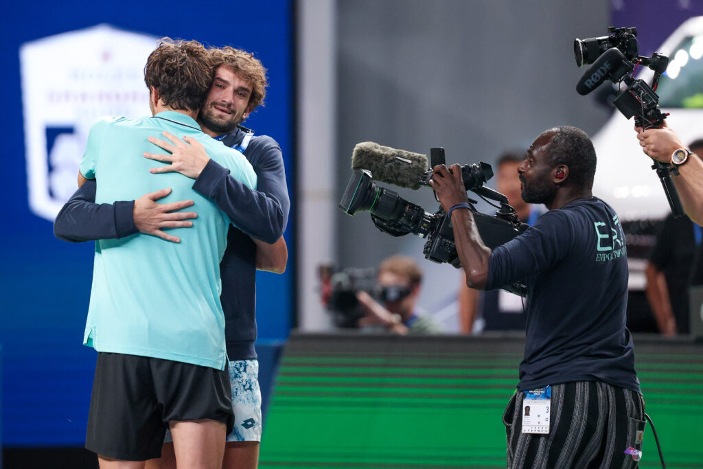 Arthur Rinderknech of France celebrate with Valentin Vacherot of Monaco after winning against Daniil Medvedev in the Men's singles Semifinals on day 13 of the 2025 Shanghai Rolex Masters at Qi Zhong Tennis Center on October 11, 2025 in Shanghai, China.