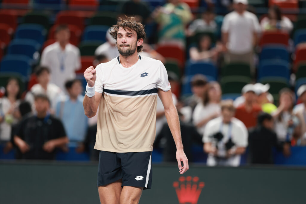 Valentin Vacherot of Monaco celebrate after his winning match against Holger Rune of Denmark in the Men's singles Quarterfinal on day 11 of the 2025 Shanghai Rolex Masters at Qi Zhong Tennis Center on October 09, 2025 in Shanghai, China.