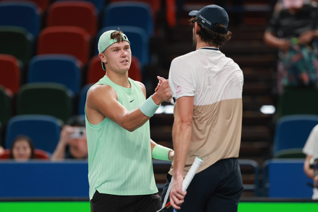 Valentin Vacherot of Monaco celebrate after his winning match against Holger Rune of Denmark in the Men's singles Quarterfinal on day 11 of the 2025 Shanghai Rolex Masters at Qi Zhong Tennis Center on October 09, 2025 in Shanghai, China.