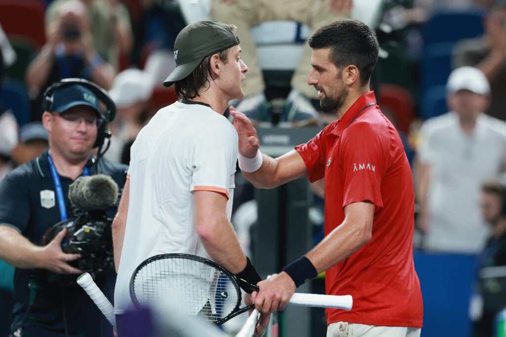 Novak Djokovic of Serbia celebrate after his winning match against Zizou Bergs of Belgium in the Men's singles Quarterfinal on day 11 of the 2025 Shanghai Rolex Masters.