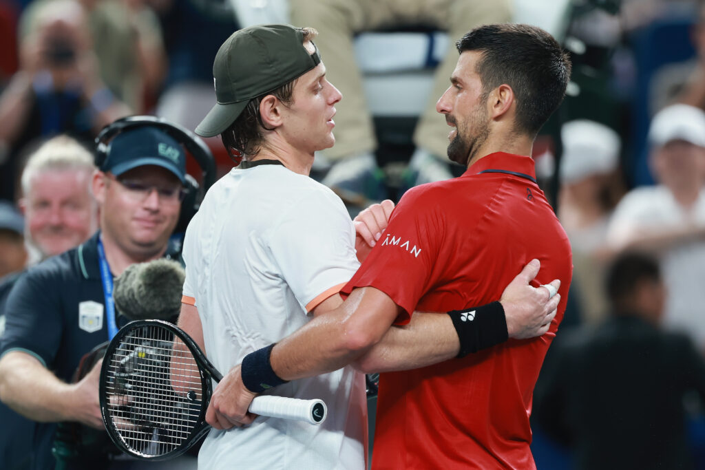 Novak Djokovic of Serbia celebrate after his winning match against Zizou Bergs of Belgium in the Men's singles Quarterfinal on day 11 of the 2025 Shanghai Rolex Masters at Qi Zhong Tennis Center on October 09, 2025 in Shanghai, China.