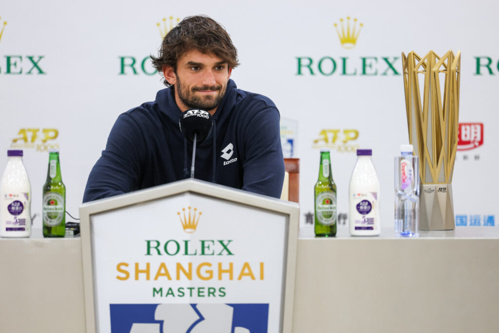 Valentin Vacherot of Monaco attends press conference after winning the match during men's single final match against Arthur Rinderknech of France on day 14 of the 2025 Shanghai Rolex Masters at Qi Zhong Tennis Center on October 12, 2025 in Shanghai, China.