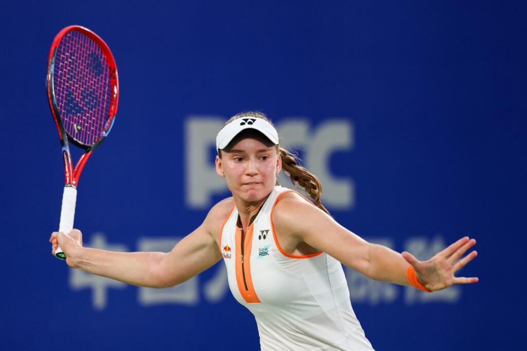 Elena Rybakina of Kazakhstan competes in the Women's Singles Round of 16 match against Linda Noskova of Czech Republic on day 6 of 2025 Wuhan Open at Optics Valley International Tennis Center on October 9, 2025 in Wuhan, Hubei Province of China.