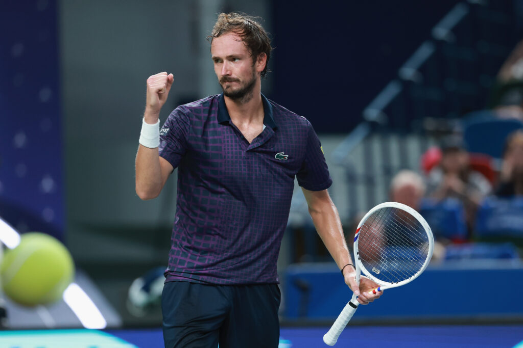 Daniil Medvedev reacts during the match against Alex De Minaur of Australia in the Men's singles Quarterfinal match on day 12 of the 2025 Shanghai Rolex Masters at Qi Zhong Tennis Center on October 10, 2025 in Shanghai, China.