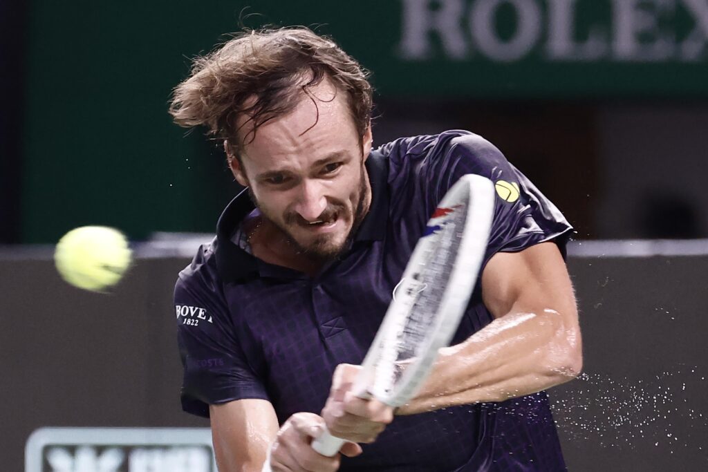 Alex De Minaur of Australia competes in the Men's Singles Semifinal match against Daniil Medvedev on day 13 of 2025 Shanghai Rolex Masters at Qi Zhong Tennis Center on October 11, 2025 in Shanghai, China.