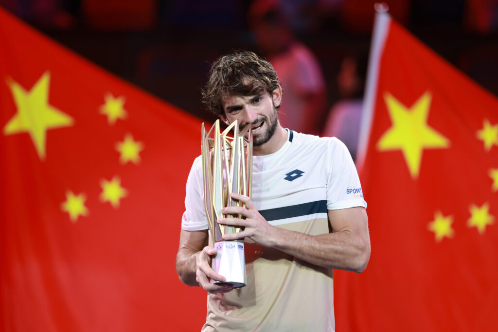 Valentin Vacherot of Monaco poses with his winner's trophy during medal ceremony after winning his match against Arthur Rinderknech of France in the Men's singles final on day 14 of the 2025 Shanghai Rolex Masters at Qi Zhong Tennis Center on October 12, 2025 in Shanghai, China.