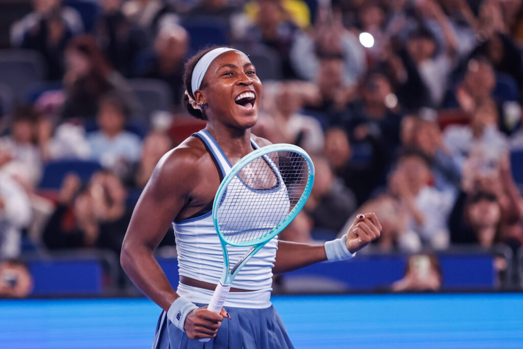 Coco Gauff of United States celebrates her win against Jessica Pegula of the United States during the Women's Singles Final match award ceremony on Day 9 of the Wuhan Open at Optics Valley International Tennis Center on October 12, 2025 in Wuhan, China.