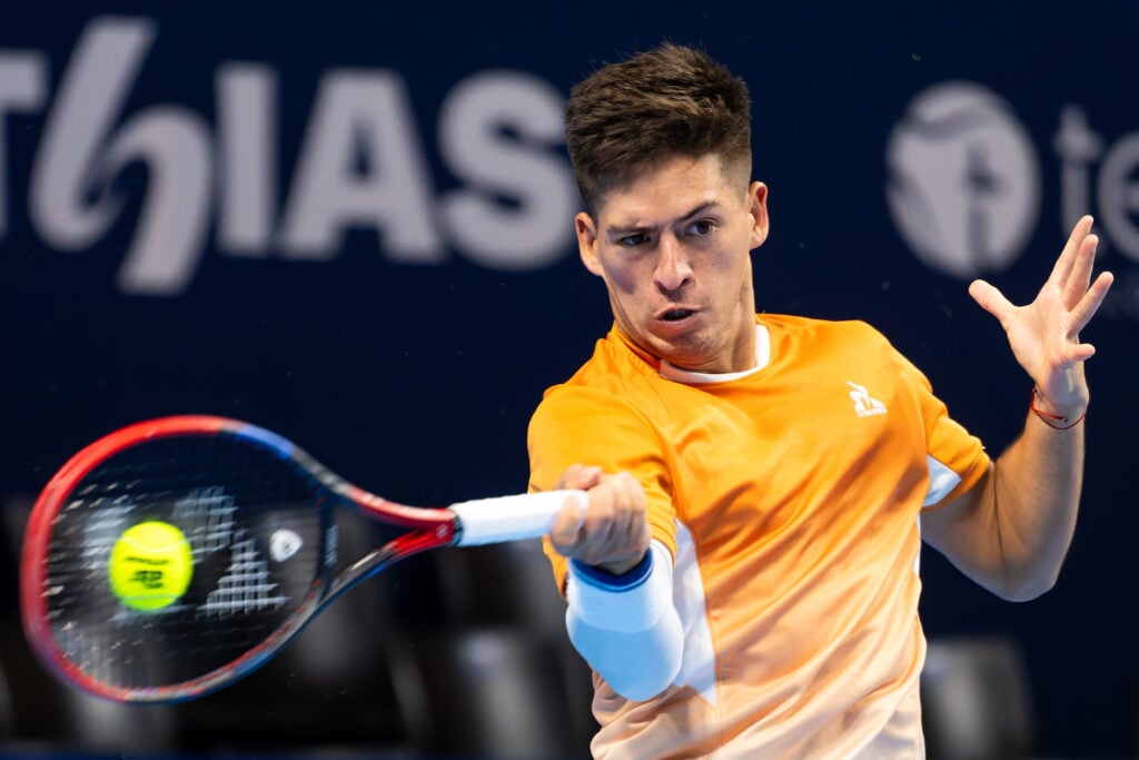 Sebastian Baez of Argentina in action during Day Two of the BNP Paribas Fortis European Open at Brussels Expo on October 14, 2025 in Brussels, Belgium.