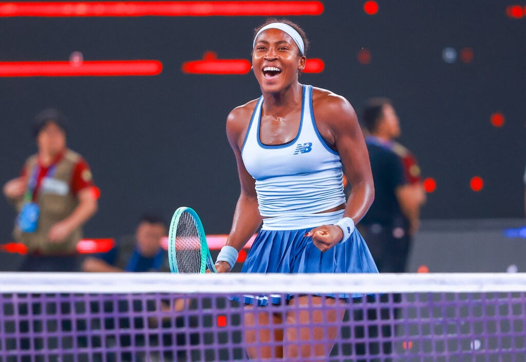 Coco Gauff of the United States celebrates after winning the Women's Singles Final match against Jessica Pegula of the United States on day 9 of 2025 Wuhan Open at Optics Valley International Tennis Center on October 12, 2025 in Wuhan, Hubei Province of China.