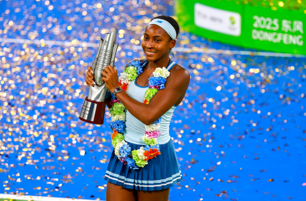 Champion Coco Gauff of the United States poses with the trophy at the award ceremony after winning the Women's Singles Final match against Jessica Pegula of the United States on day 9 of 2025 Wuhan Open at Optics Valley International Tennis Center on October 12, 2025 in Wuhan, Hubei Province of China.