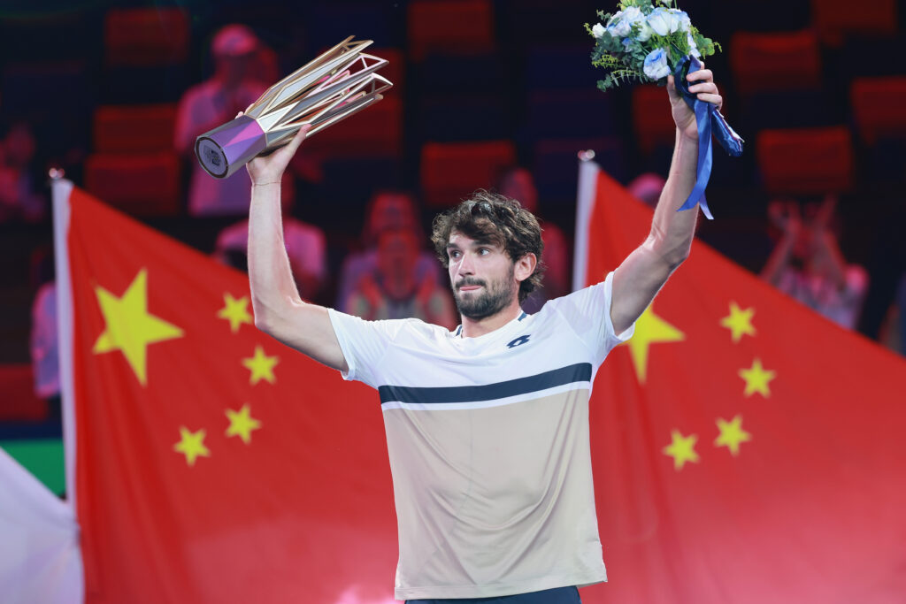 Valentin Vacherot of Monaco poses with his winner's trophy during medal ceremony after winning his match against Arthur Rinderknech of France in the Men's singles final on day 14 of the 2025 Shanghai Rolex Masters at Qi Zhong Tennis Center on October 12, 2025 in Shanghai, China.
