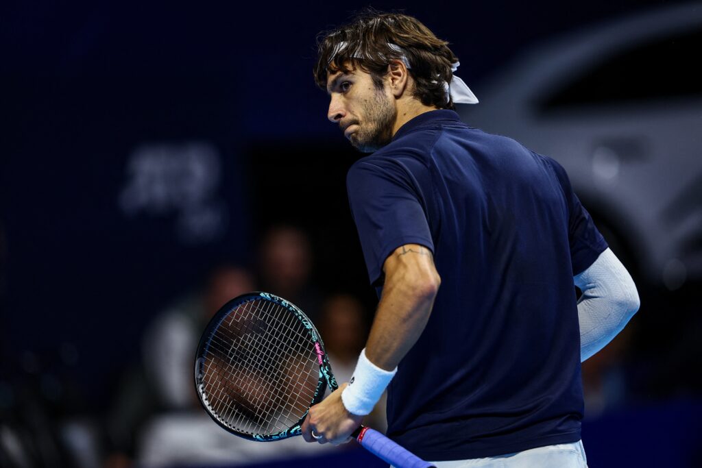 Italian Lorenzo Musetti pictured in action during the European Open ATP tennis tournament in Brussels, on Thursday 16 October 2025. This year's edition of the tournament is taking place from 12 to 19 October 2025.