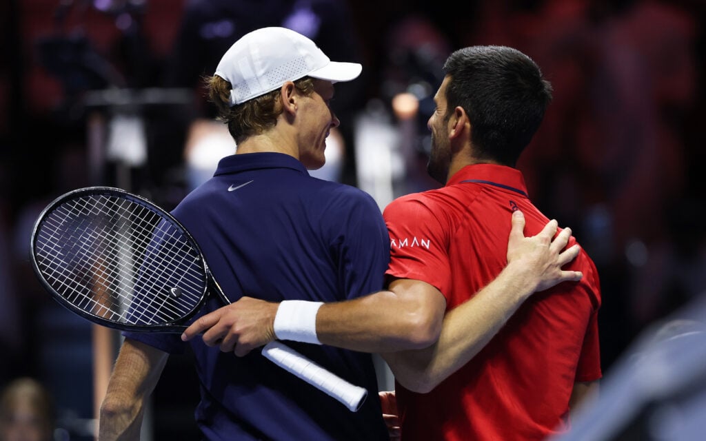 Novak Djokovic of Serbia and Jannik Sinner of Italy at the net after their semifinal match during day two of the Six Kings Slam 2025 at ANB Arena on October 16, 2025 in Riyadh, Saudi Arabia.