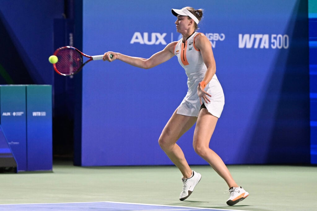 Kazakhstan's Elena Rybakina hits a return to Russia's Ekaterina Alexandrova during the women's singles final at the WTA Ningbo Open tennis tournament in Ningbo, in China's eastern Zhejiang province on October 19, 2025.