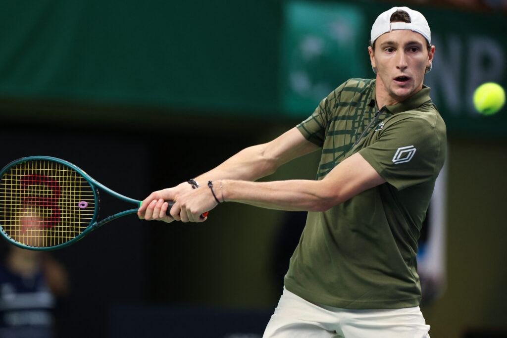 France's Ugo Humbert returns the ball to Norway's Casper Ruud (not in picture) during the singles final match of the BNP Paribas Nordic Open tennis tournament at the Royal Swedish Tennis Hall in Stockholm, Sweden, on October 19, 2025.