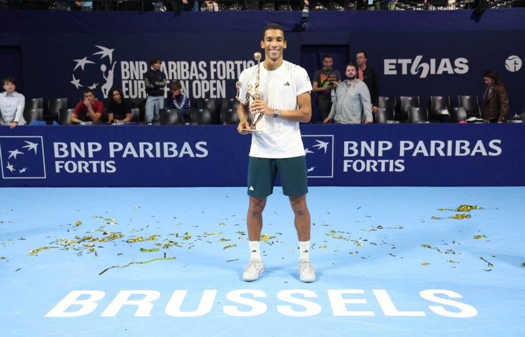 Canadian Felix Auger-Aliassime poses for the photographer during the European Open ATP tennis tournament in Brussels, on Sunday 19 October 2025. This year's edition of the tournament is taking place from 12 to 19 October 2025.