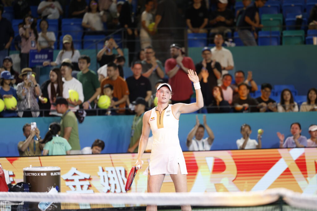 Elena Rybakina of Kazakhstan reacts in the Women's Singles Semifinal match against Jasmine Paolini of Italy on day 6 of 2025 Ningbo Open at the Ningbo (Yinzhou) Tennis Center on October 18, 2025 in Ningbo, Zhejiang Province of China.