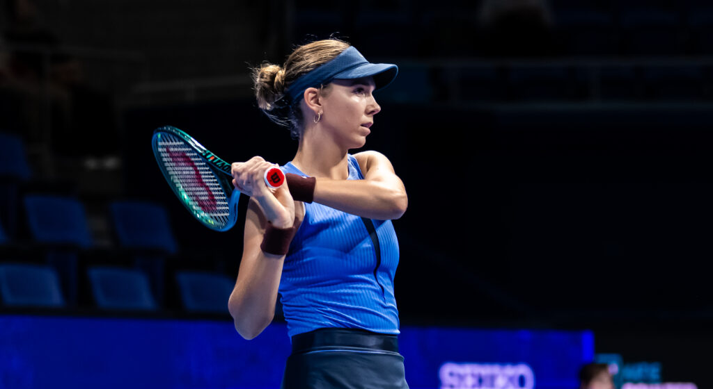 Katie Boulter of Great Britain in action against Eva Lys of Germany in the first round on Day 1 of the Toray Pan Pacific Open at Ariake Coliseum on October 20, 2025 in Tokyo, Japan