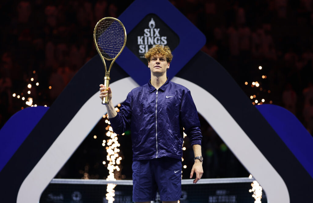Jannik Sinner of Italy poses for a photo with the golden tennis racket after winning the Men's Single's Final on day three of the Six Kings Slam 2025 at ANB Arena on October 18, 2025 in Riyadh, Saudi Arabia.