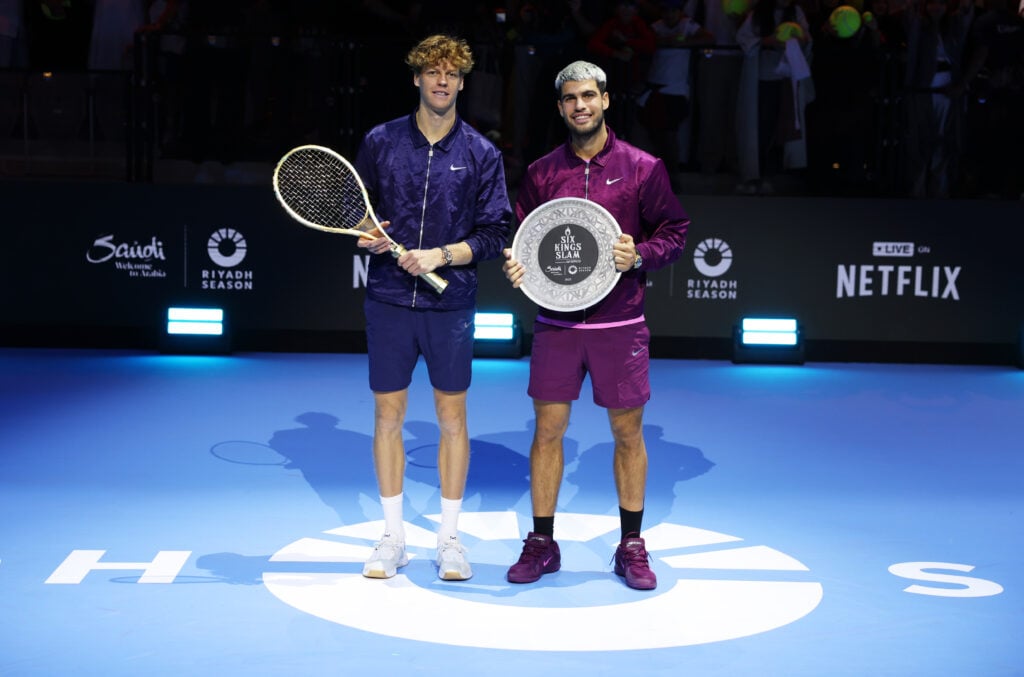 Jannik Sinner of Italy and Carlos Alcaraz of Spain pose for a photo after the Men's Single's Final on day three of the Six Kings Slam 2025 at ANB Arena on October 18, 2025 in Riyadh, Saudi Arabia.