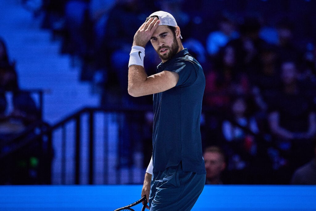 Karen Khachanov on court during his match against Tallon Griekspoor of Netherlands during day 3 of the Erste Bank Open 2025 at the Wiener Stadthalle on October 20, 2025 in Vienna, Austria.