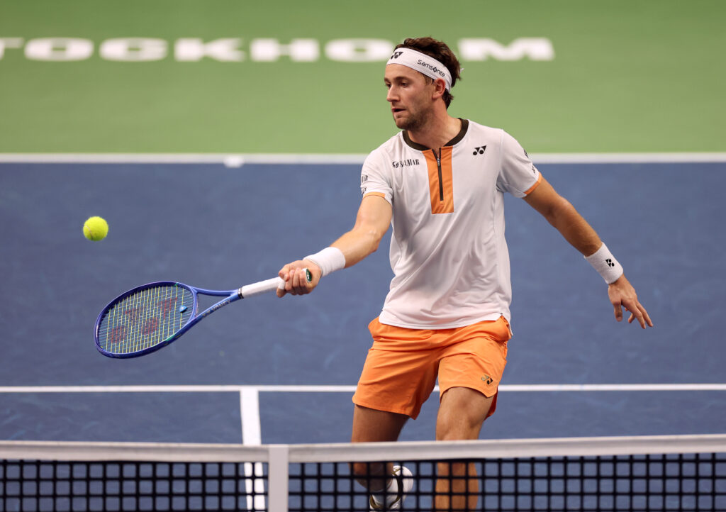 Casper Ruud of Norway plays a forehand during the Men's Singles final match on day nine of the BNP Paribas Nordic Open 2025 at Royal Tennis Hall on October 19, 2025 in Stockholm, Sweden.