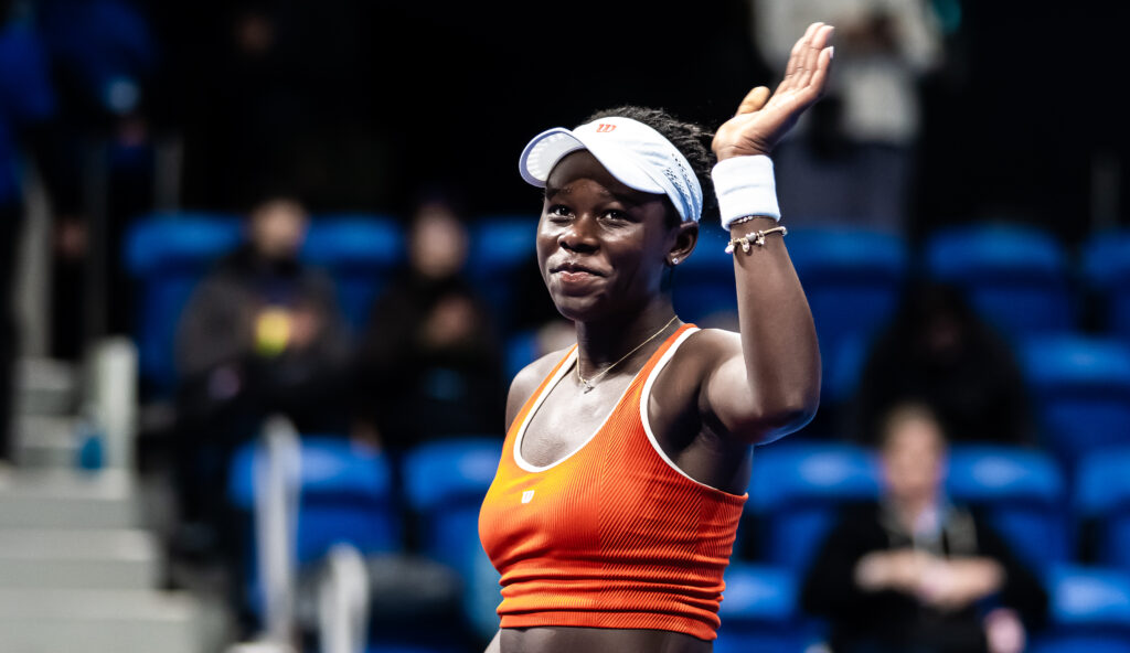 Victoria Mboko of Canada celebrates defeating Eva Lys of Germany in the second round on Day 3 of the Toray Pan Pacific Open at Ariake Coliseum on October 22, 2025 in Tokyo, Japan