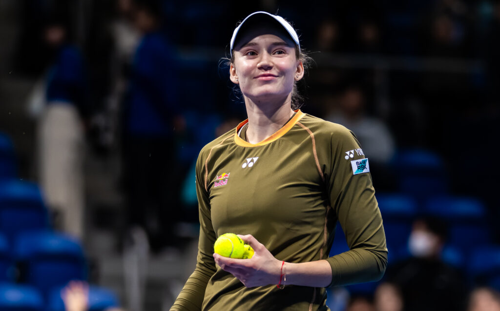 Elena Rybakina of Kazakhstan celebrates defeating Victoria Mboko of Canada in the quarter-final on Day 5 of the Toray Pan Pacific Open at Ariake Coliseum on October 24, 2025 in Tokyo, Japan.