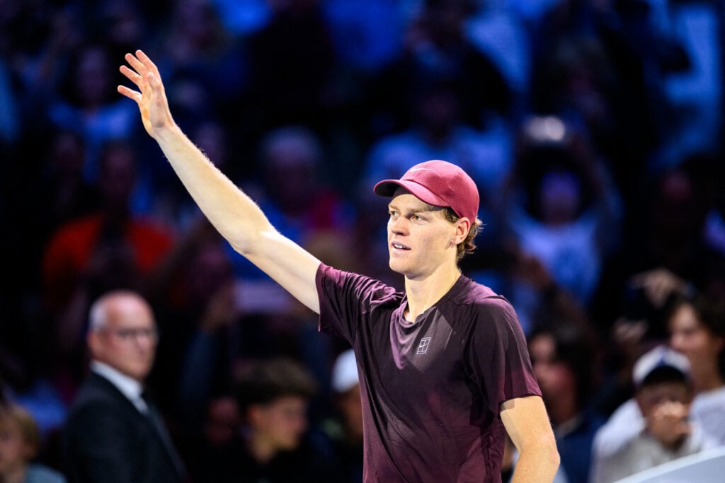 Italy's Jannik Sinner reacts after winning against Australia's Alex de Minaur during the men's semi-final singles match at the ATP Vienna Open tennis tournament in Vienna, Austria, on October 25, 2025.