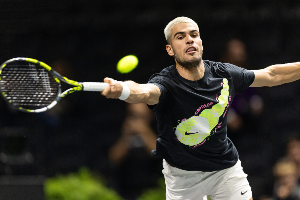 Carlos Alcaraz participates in a training session before the Paris ATP Masters 1000 tennis tournament at the Paris La Defense Arena in Nanterre, on the outskirts of Paris, in Paris, France, on October 25, 2025.