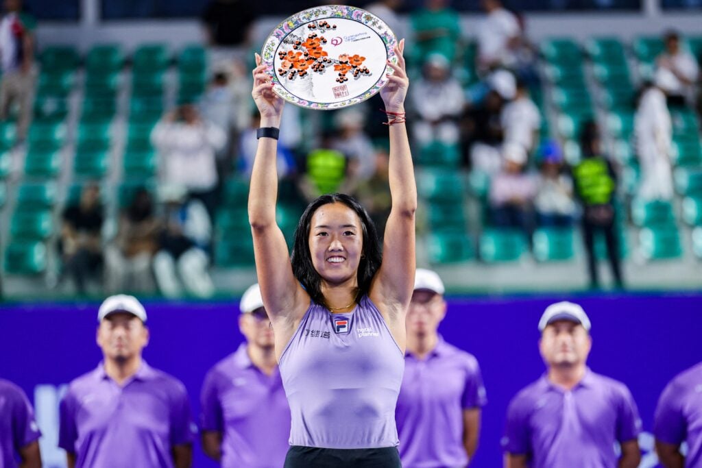 USA's Ann Li poses with her trophy after winning against New Zealand's Lulu Sun in their women's singles final match at the Guangzhou Open tennis tournament in Guangzhou.