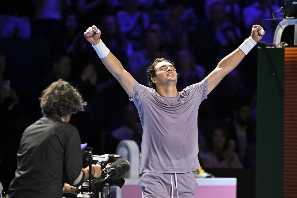 Brazil's Joao Fonseca celebrates after winning against Spain's Alejandro Davidovich Fokina in their men's final match at the Swiss Indoors ATP 500 tennis tournament in Basel on October 26, 2025.