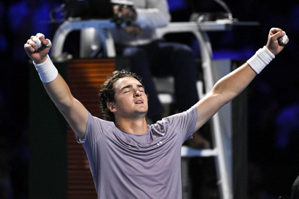 Brazil's Joao Fonseca celebrates after winning against Spain's Alejandro Davidovich Fokina in their men's final match at the Swiss Indoors ATP 500 tennis tournament in Basel on October 26, 2025.